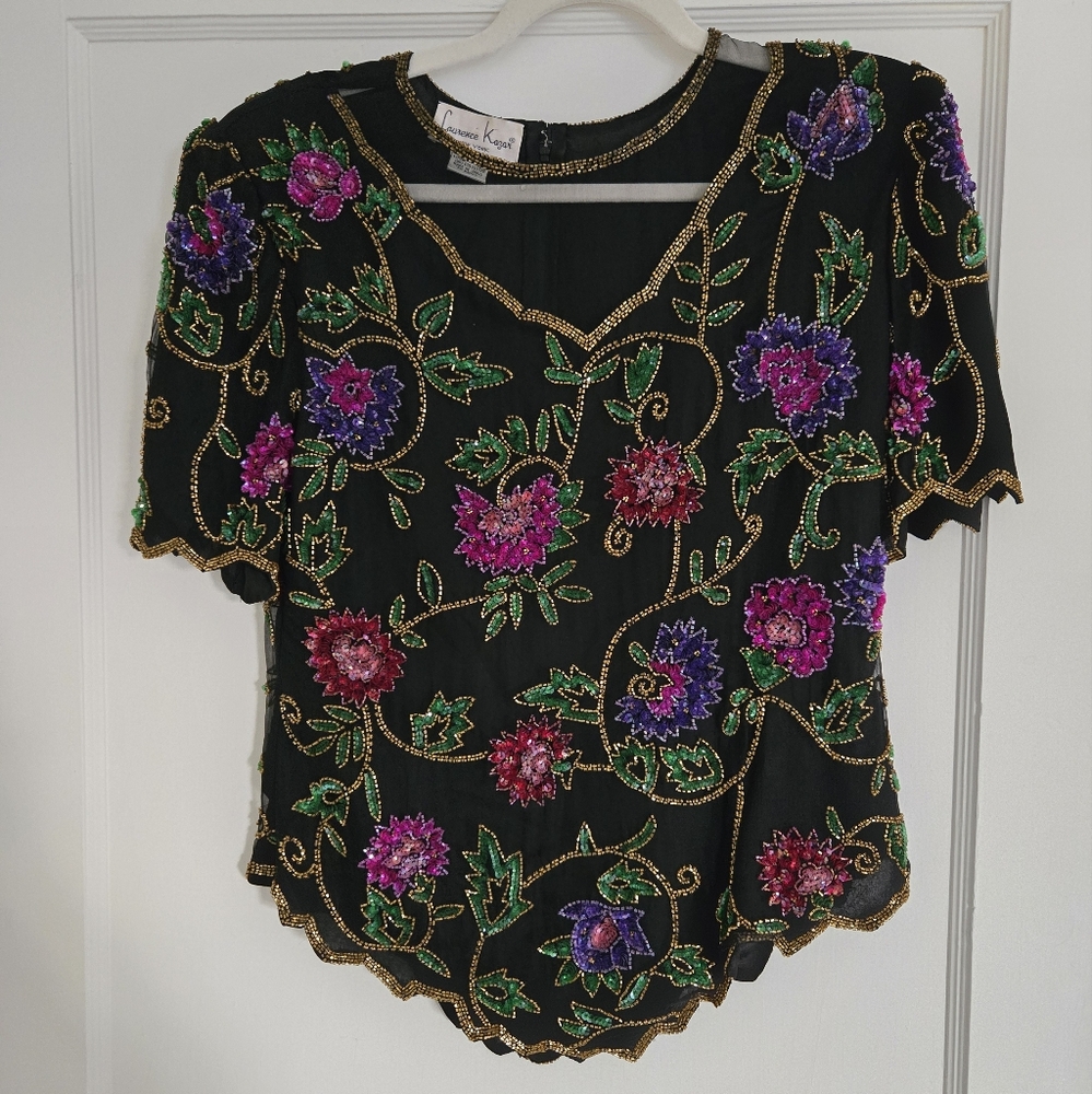 VINTAGE | 80's Black Floral Beaded Sequins Silk Evening Blouse by Lawrence Kazar